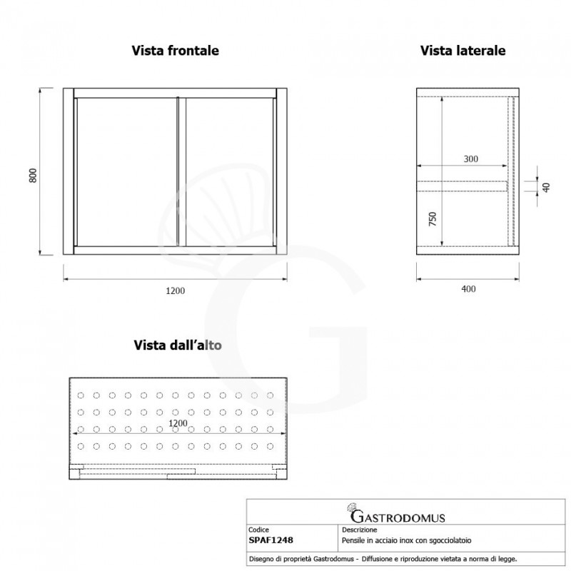 Pensile acciaio inox con sgocciolatoio,1 ripiano forato,porte scorrevoli L 1200 x P 400 x H 800 mm