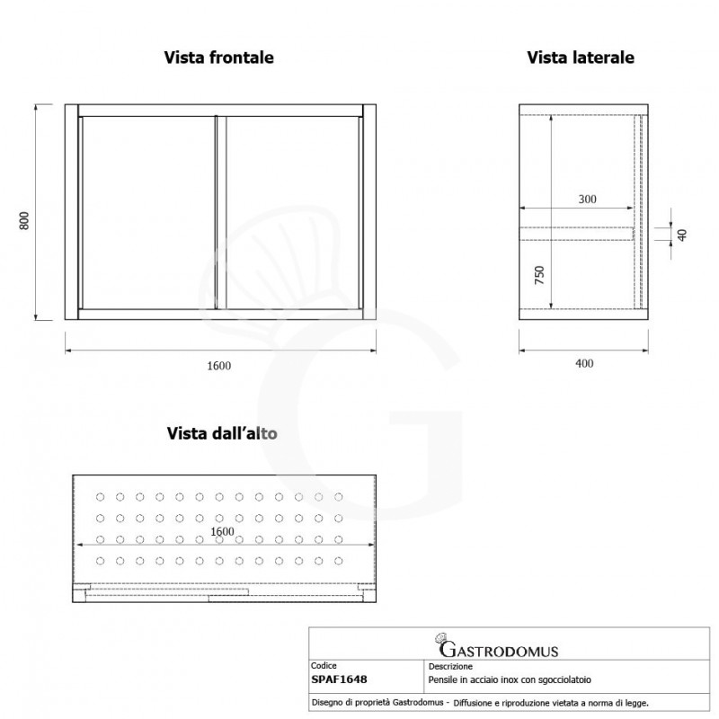 Pensile acciaio inox con sgocciolatoio,1 ripiano forato,porte scorrevoli L 1600 x P 400 x H 800 mm