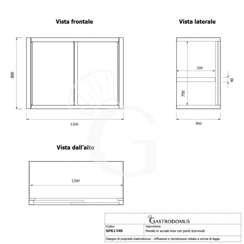Pensile acciaio inox con porte scorrevoli, 1 ripiano, L 1300 x P 400 x H 800 mm
