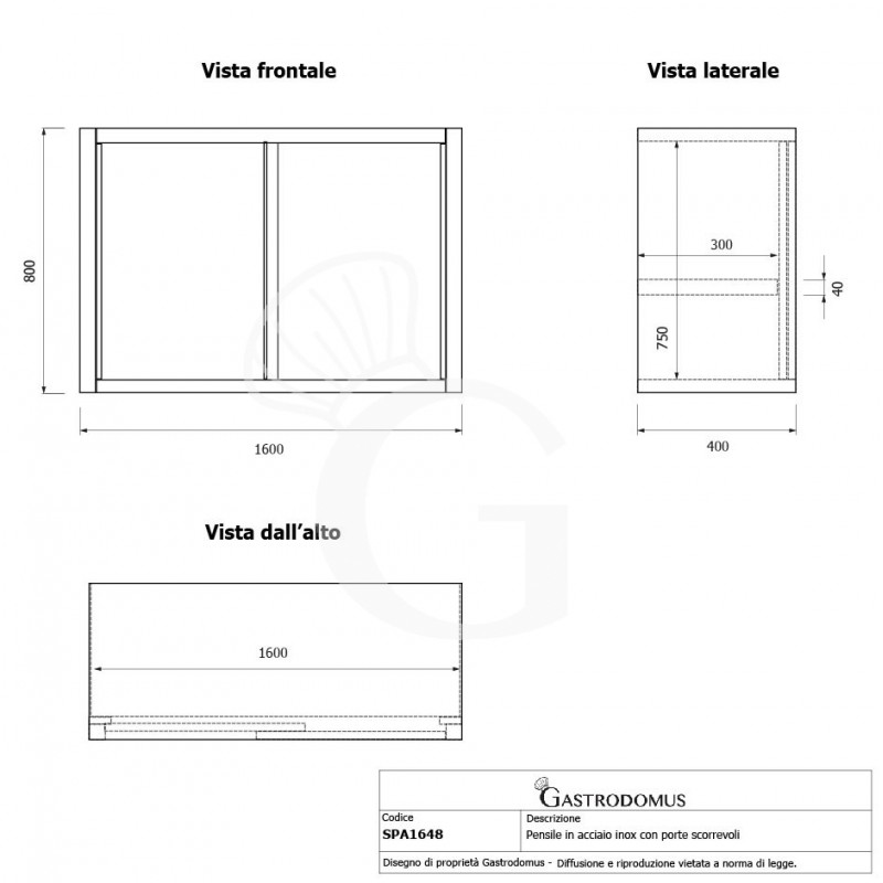 Pensile acciaio inox con porte scorrevoli, 1 ripiano, L 1600 x P 400 x H 800 mm