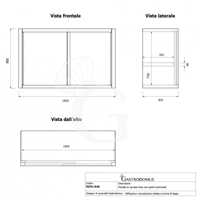 Pensile acciaio inox con porte scorrevoli, 1 ripiano, L 1800 x P 400 x H 800 mm