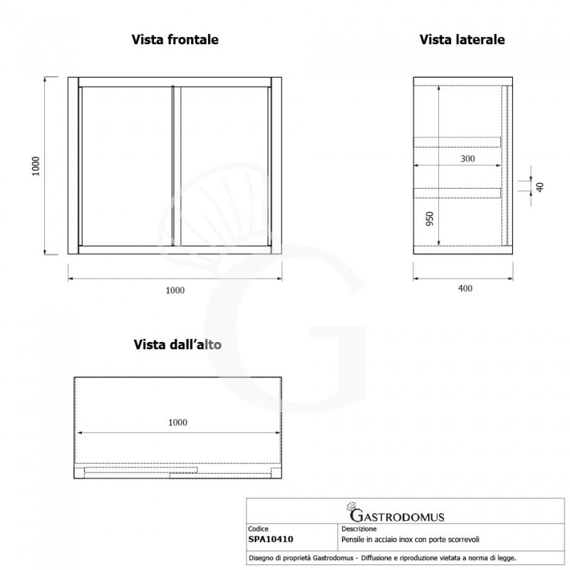 Pensile acciaio inox con porte scorrevoli, 2 ripiani, L 1000 x P 400 x H 1000 mm