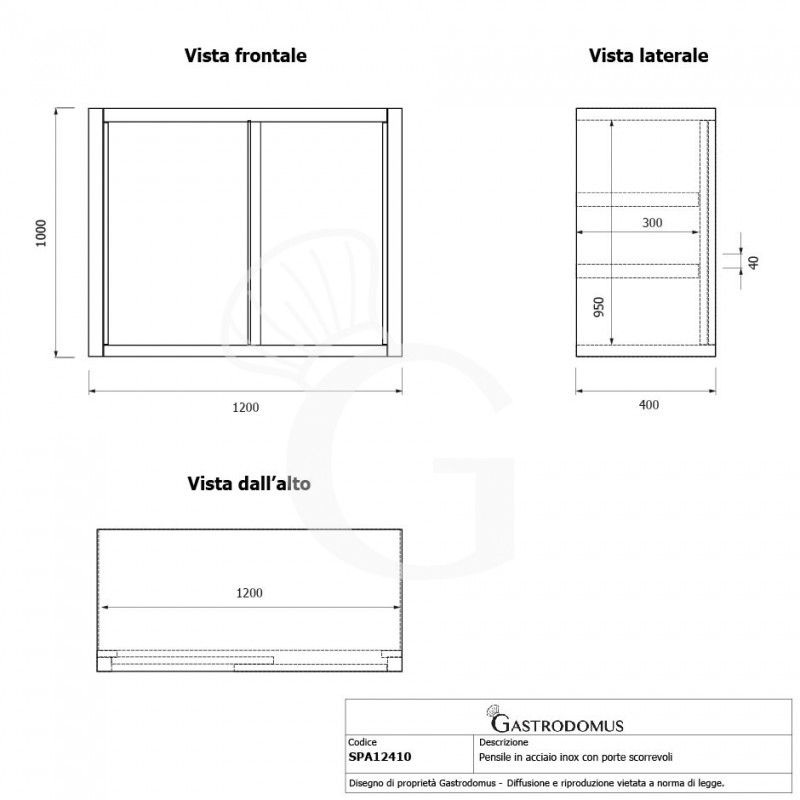 Pensile acciaio inox con porte scorrevoli, 2 ripiani, L 1200 x P 400 x H 1000 mm