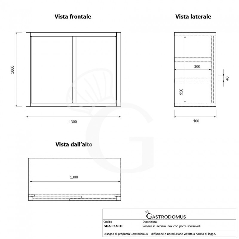 Pensile acciaio inox con porte scorrevoli, 2 ripiani, L 1300 x P 400 x H 1000 mm