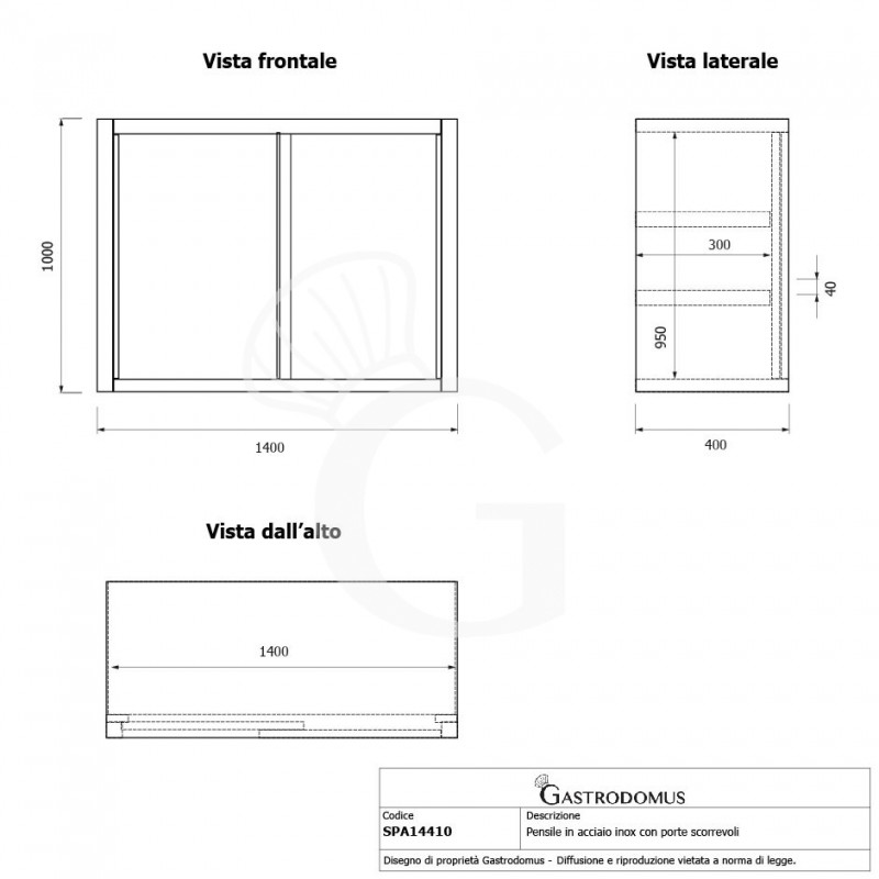 Pensile acciaio inox con porte scorrevoli, 2 ripiani, L 1400 x P 400 x H 1000 mm