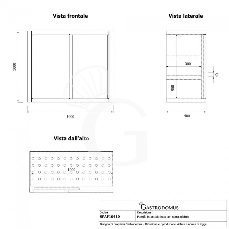 Pensile acciaio inox con sgocciolatoio,2 ripiani forati,porte scorrevoli L 1000 x P 400 x H 1000 mm
