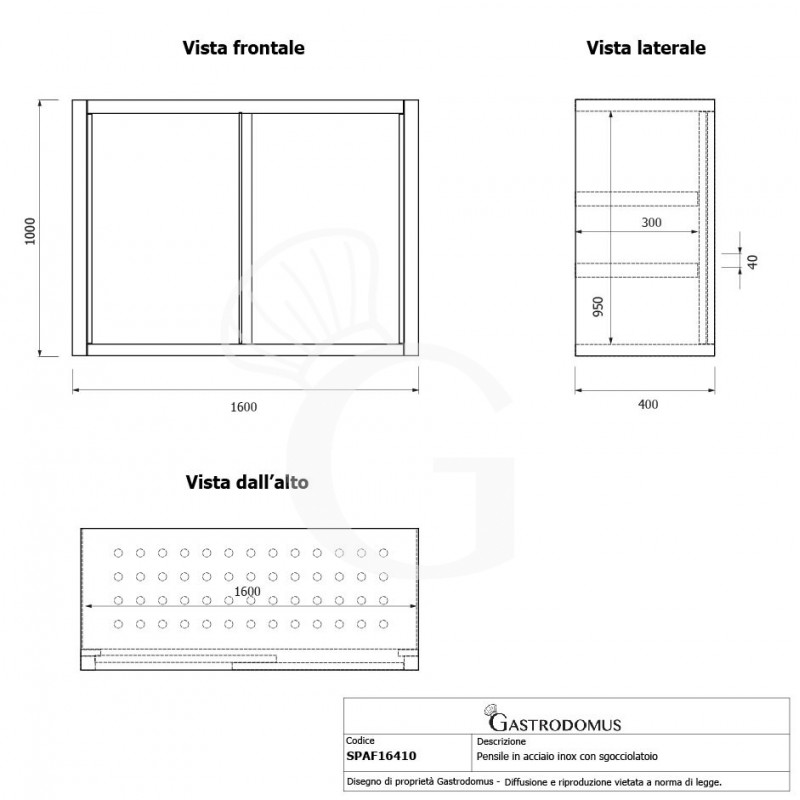 Pensile acciaio inox con sgocciolatoio,2 ripiani forati,porte scorrevoli L 1600 x P 400 x H 1000 mm