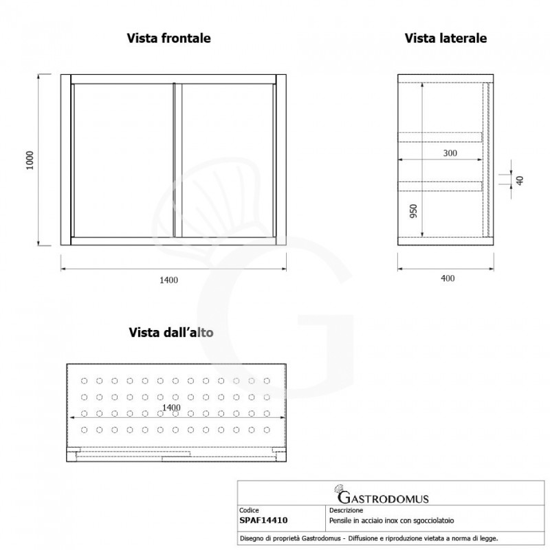 Pensile acciaio inox con sgocciolatoio,2 ripiani forati,porte scorrevoli L 1400 x P 400 x H 1000 mm