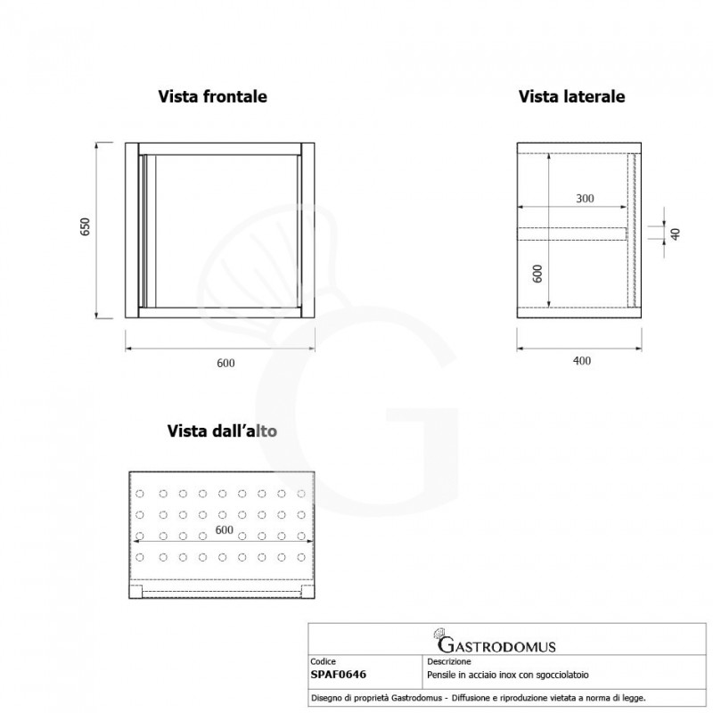 Pensile acciaio inox con sgocciolatoio,1 ripiano forato,1 porta battente L 600 x P 400 x H 650 mm