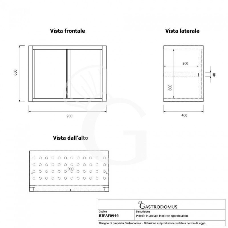 Pensile acciaio inox con sgocciolatoio,1 ripiano forato,2 porte battenti L 900 x P 400 x H 660 mm
