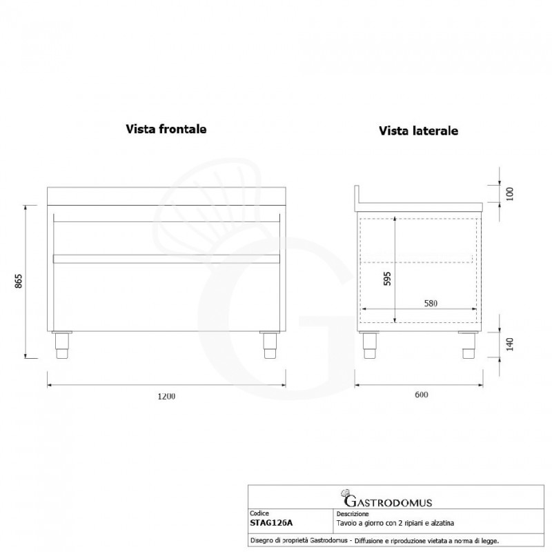 Tavolo a giorno in acciaio inox con 2 ripiani, alzatina L 1200 mm x P 600 mm x H 965 mm