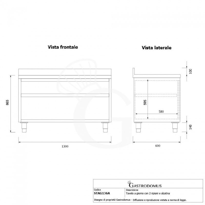 Tavolo a giorno in acciaio inox con 2 ripiani, alzatina L 1300 mm x P 600 mm x H 965 mm