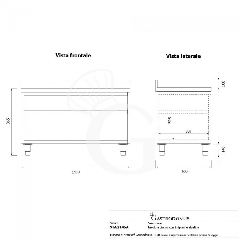 Tavolo a giorno in acciaio inox con 2 ripiani, alzatina L 1400 mm x P 600 mm x H 965 mm