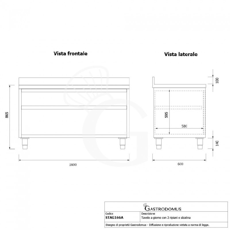 Tavolo a giorno in acciaio inox con 2 ripiani, alzatina L 1600 mm x P 600 mm x H 965 mm