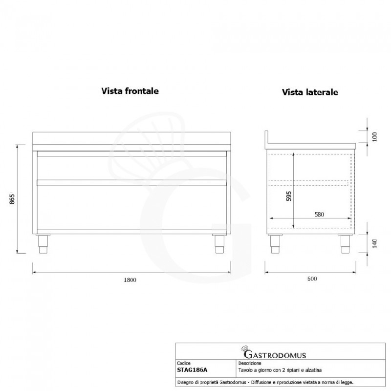 Tavolo a giorno in acciaio inox con 2 ripiani, alzatina L 1800 mm x P 600 mm x H 965 mm