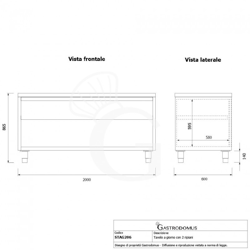 Tavolo a giorno in acciaio inox con 2 ripiani L 2000 mm x P 600 mm x H 865 mm