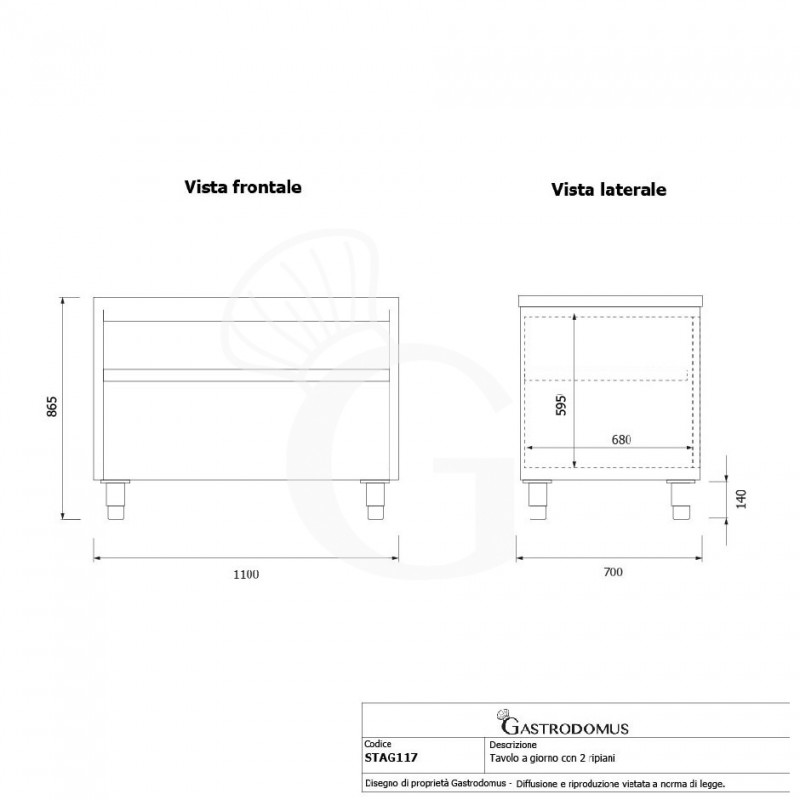 Tavolo a giorno in acciaio inox con 2 ripiani L 1100 mm x P 700 mm x H 865 mm