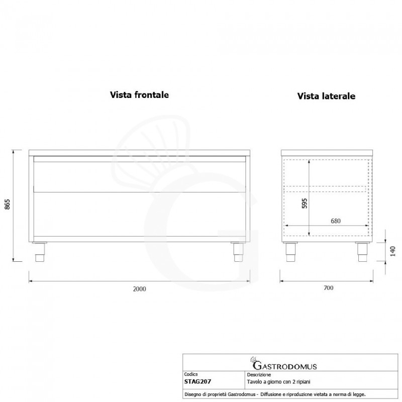 Tavolo a giorno in acciaio inox con 2 ripiani L 2000 mm x P 700 mm x H 865 mm