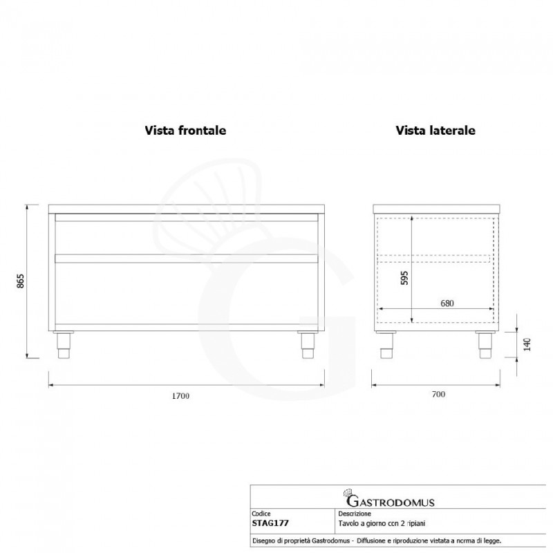 Tavolo a giorno in acciaio inox con 2 ripiani L 1700 mm x P 700 mm x H 865 mm