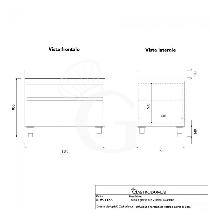 Tavolo a giorno in acciaio inox con 2 ripiani, alzatina L 1100 mm x P 700 mm x H 965 mm