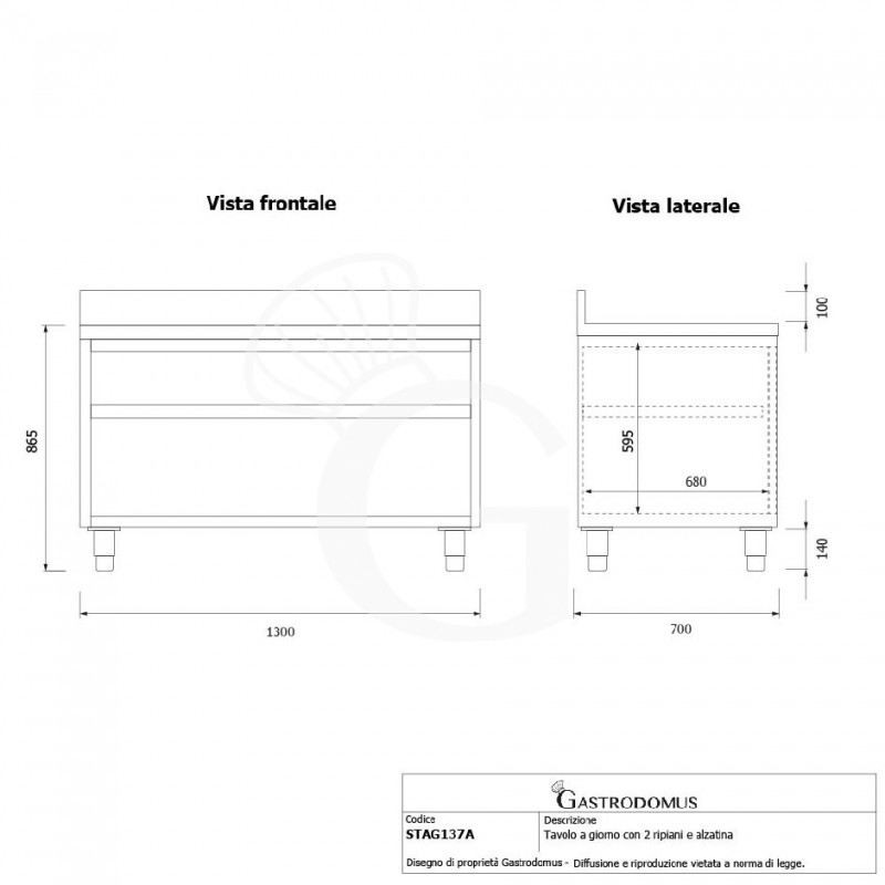 Tavolo a giorno in acciaio inox con 2 ripiani, alzatina L 1300 mm x P 700 mm x H 965 mm