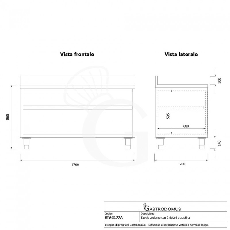 Tavolo a giorno in acciaio inox con 2 ripiani, alzatina L 1700 mm x P 700 mm x H 965 mm