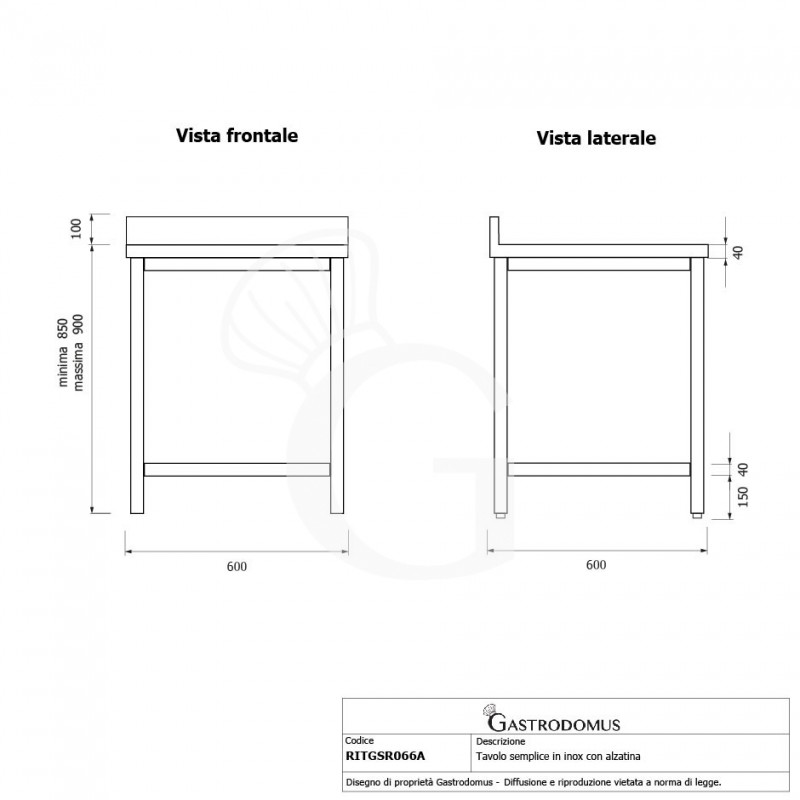 Tavolo inox con alzatina L 600 mm x P 600 mm x H 950 mm