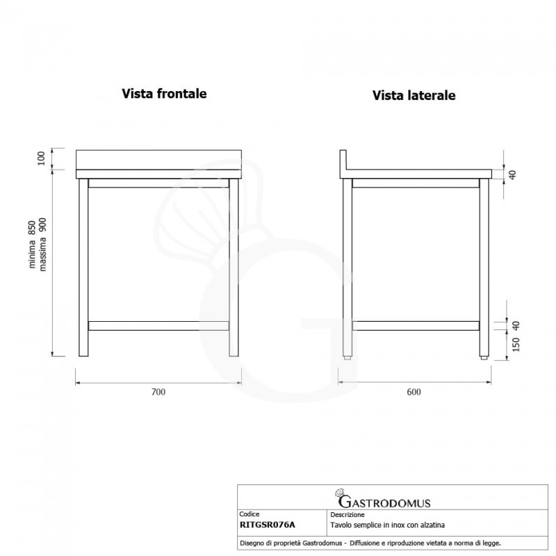 Tavolo inox con alzatina L 700 mm x P 600 mm x H 950 mm