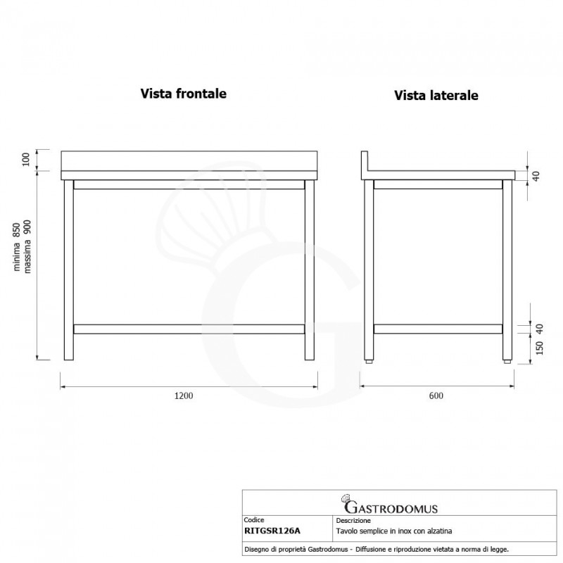 Tavolo inox con alzatina L 1200 mm x P 600 mm x H 950 mm
