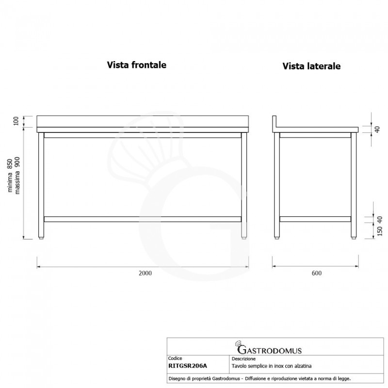 Tavolo inox con alzatina L 2000 mm x P 600 mm x H 950 mm
