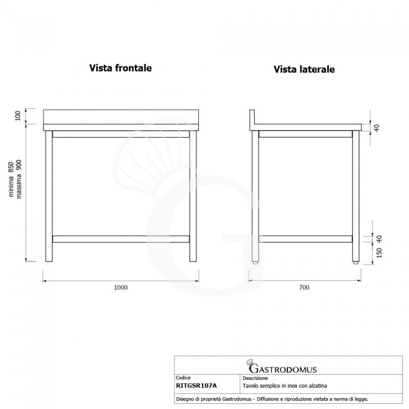 Tavolo inox con alzatina L 1000 mm x P 700 mm x H 950 mm