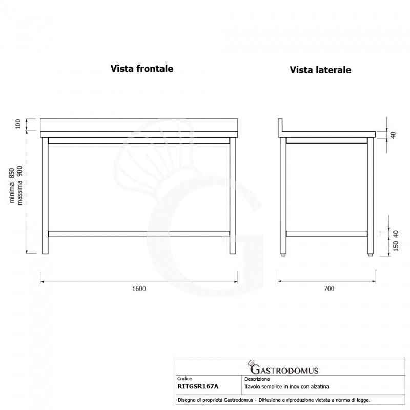 Tavolo inox con alzatina L 1600 mm x P 700 mm x H 950 mm
