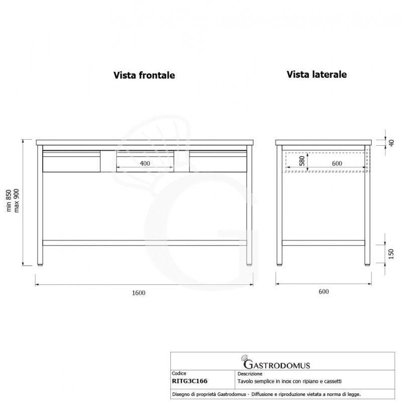 Tavolo inox ripiano 3 cassetti L 1600 mm x P 600 mm x H 850 mm