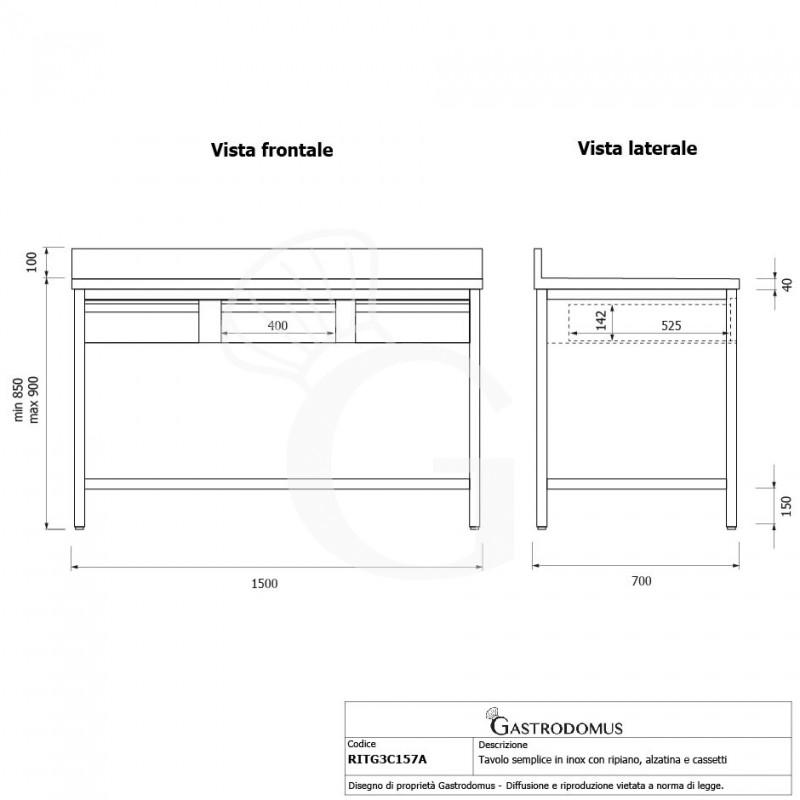 Tavolo inox ripiano alzatina 3 cassetti L 1500 mm x P 700 mm x H 950 mm