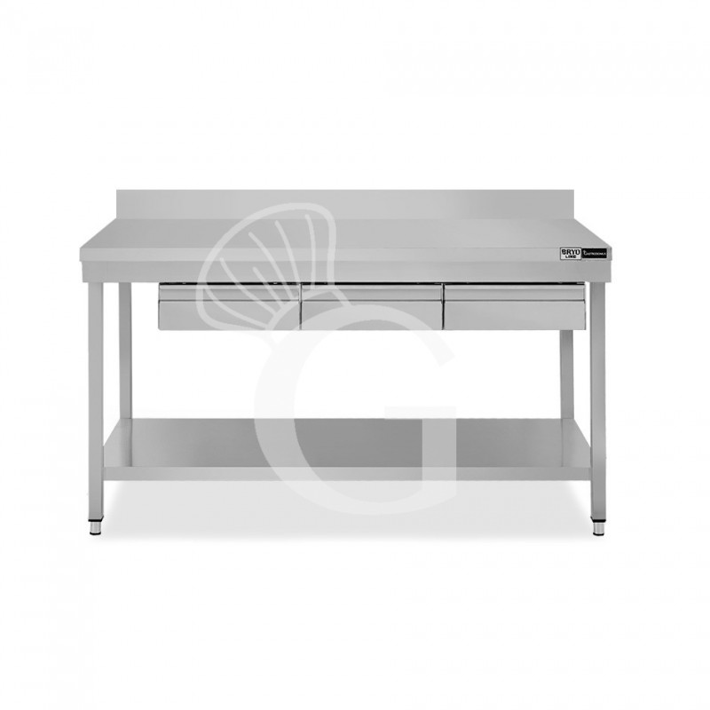 Tavolo inox ripiano alzatina 3 cassetti L 1500 mm x P 600 mm x H 965 mm Tavolo inox ripiano alzatina 3 cassetti L 1500 mm x P 600 mm x H 965 mm