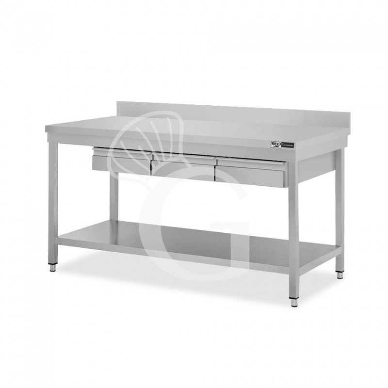 Tavolo inox ripiano alzatina 3 cassetti L 1600 mm x P 600 mm x H 965 mm
