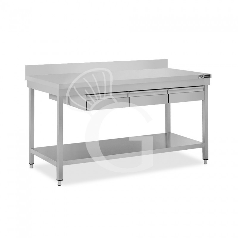 Tavolo inox ripiano alzatina 3 cassetti L 1600 mm x P 600 mm x H 965 mm