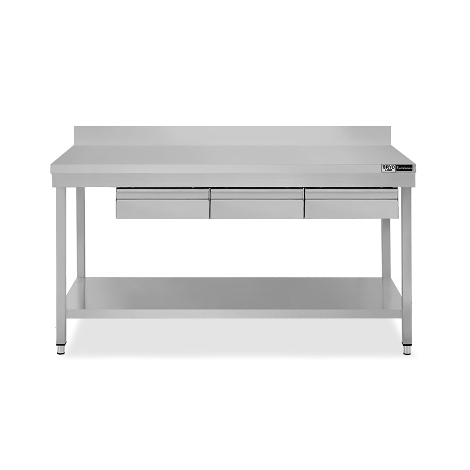Tavolo inox ripiano alzatina 3 cassetti L 1600 mm x P 600 mm x H 965 mm
