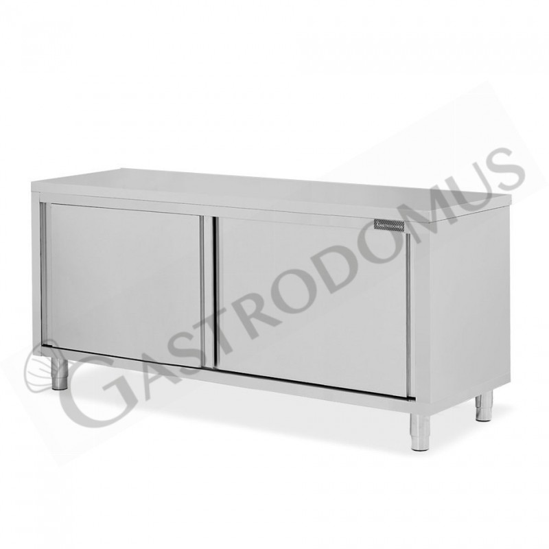 Tavolo armadiato passante in acciaio inox con porte scorrevoli, L 2000 mm x P 700 mm x H 850 mm