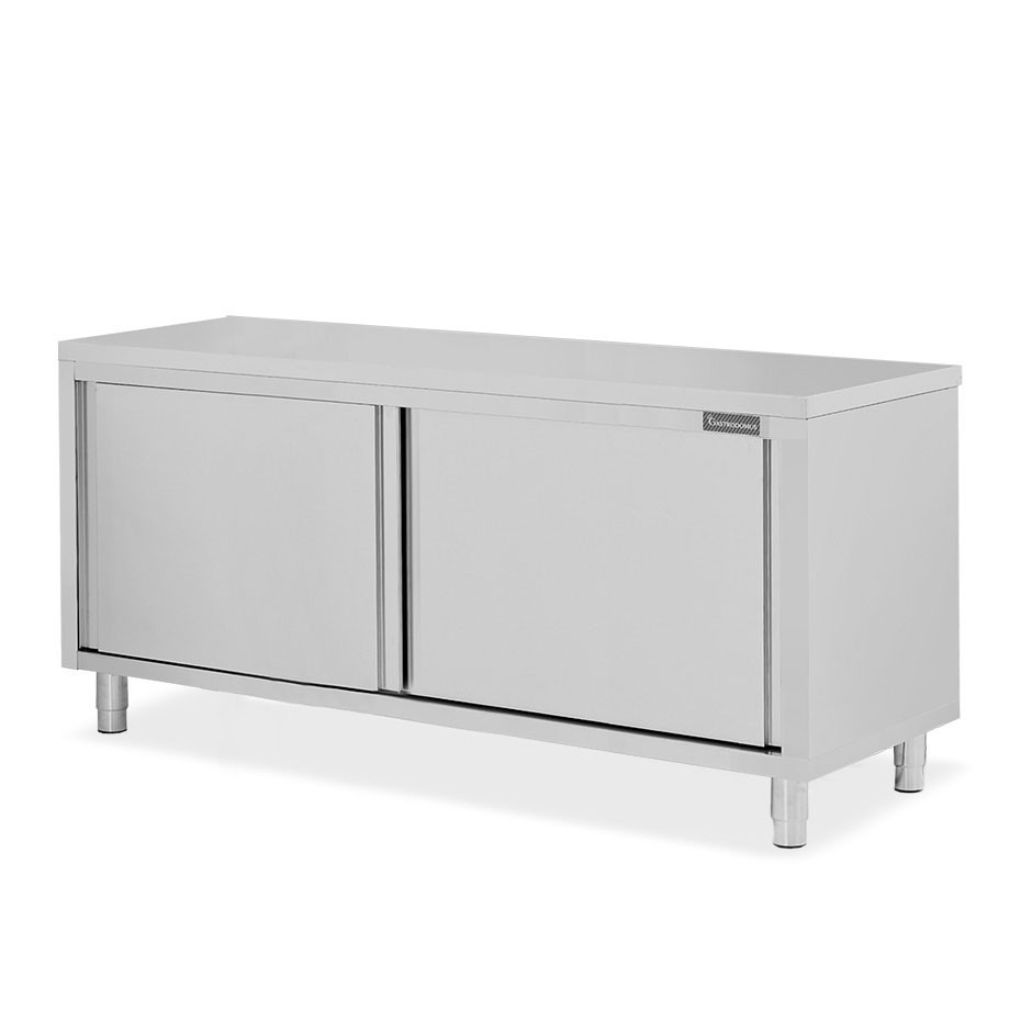 Tavolo armadiato passante in acciaio inox con porte scorrevoli, L 2000 mm x P 700 mm x H 850 mm