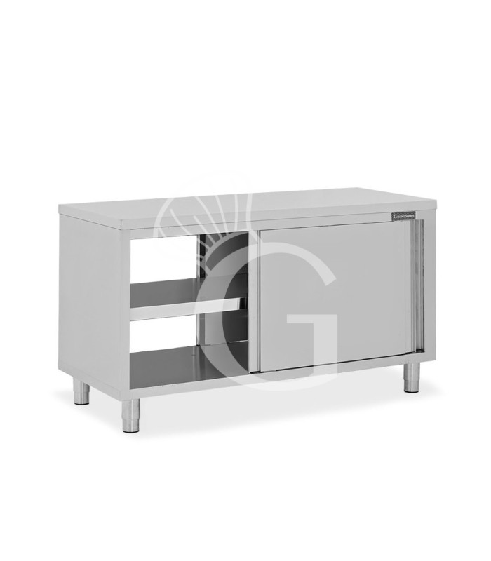 Tavolo armadiato passante in acciaio inox con porte scorrevoli, L 2000 mm x P 700 mm x H 850 mm