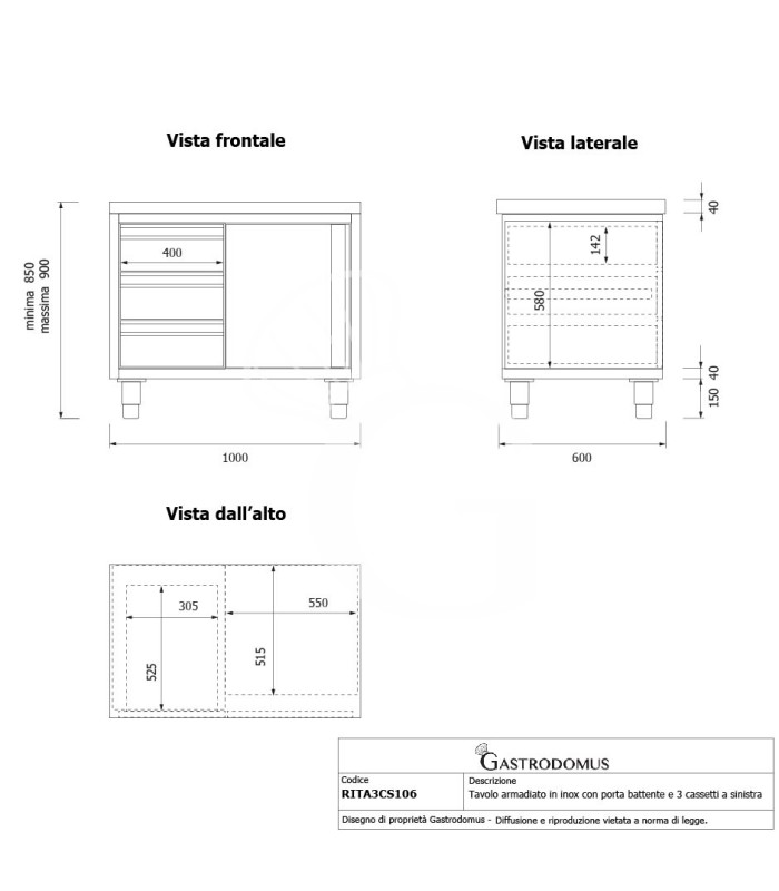 Tavolo armadiato, 1 porta battente, 3 cassetti sul lato sinistro, L 1000 mm x P 600 mm x H 850 mm