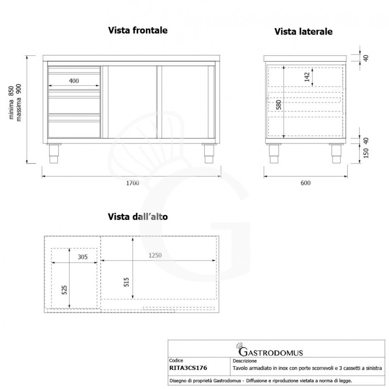 Tavolo armadiato, 2 porte scorrevoli, 3 cassetti sul lato sinistro, L 1700 mm x P 600 mm x H 850 mm