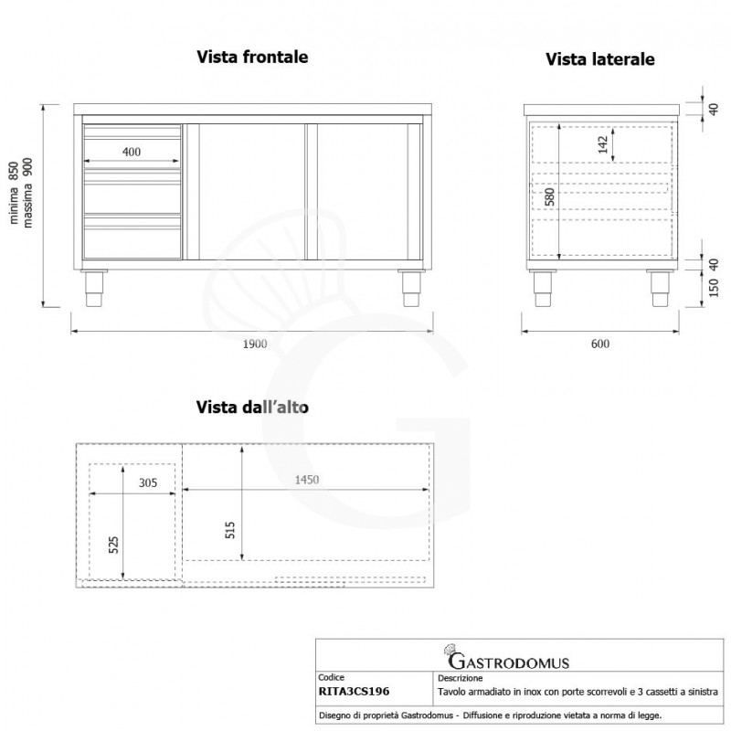 Tavolo armadiato, 2 porte scorrevoli, 3 cassetti sul lato sinistro, L 1900 mm x P 600 mm x H 850 mm