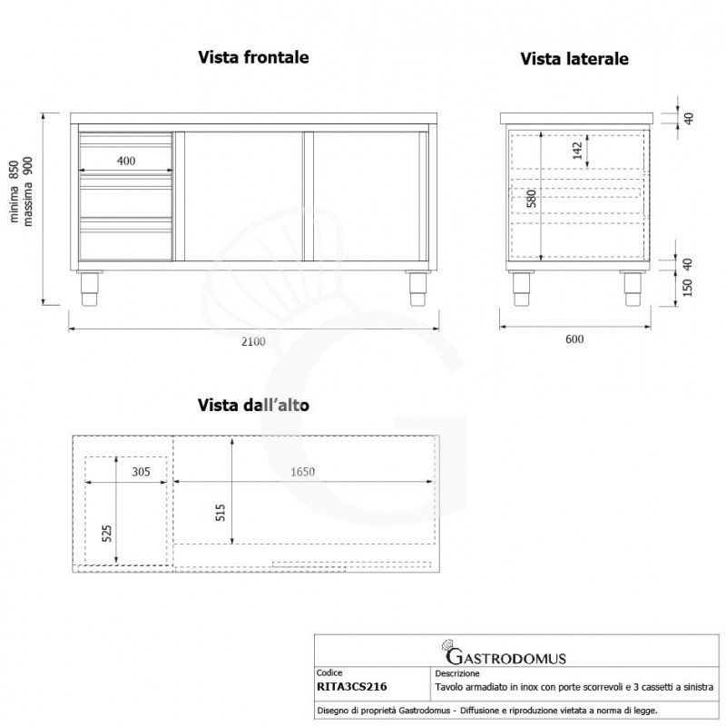 Tavolo armadiato, 2 porte scorrevoli, 3 cassetti sul lato sinistro, L 2100 mm x P 600 mm x H 850 mm