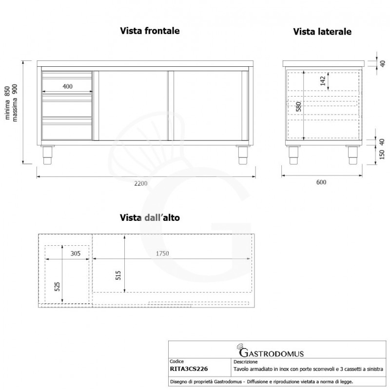 Tavolo armadiato, 2 porte scorrevoli, 3 cassetti sul lato sinistro, L 2200 mm x P 600 mm x H 850 mm
