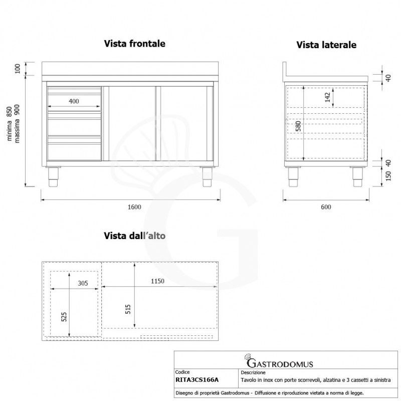 Tavolo armadiato,2 porte scorrevoli,3 cassetti a sinistra, alzatina, L1600 x P600 x H950mm
