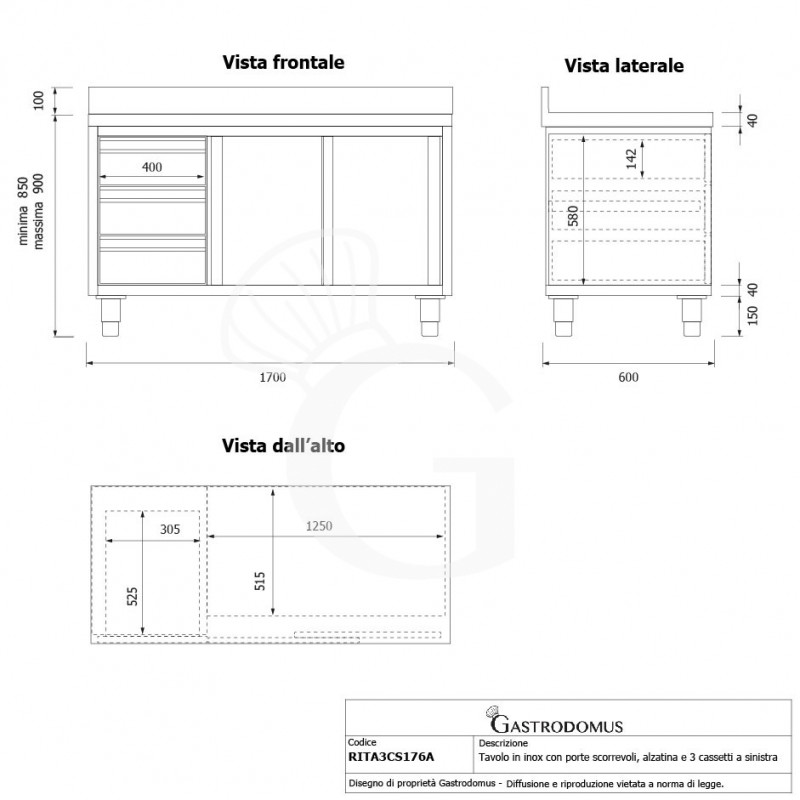 Tavolo armadiato,2 porte scorrevoli,3 cassetti a sinistra, alzatina, L1700 x P600 x H950mm