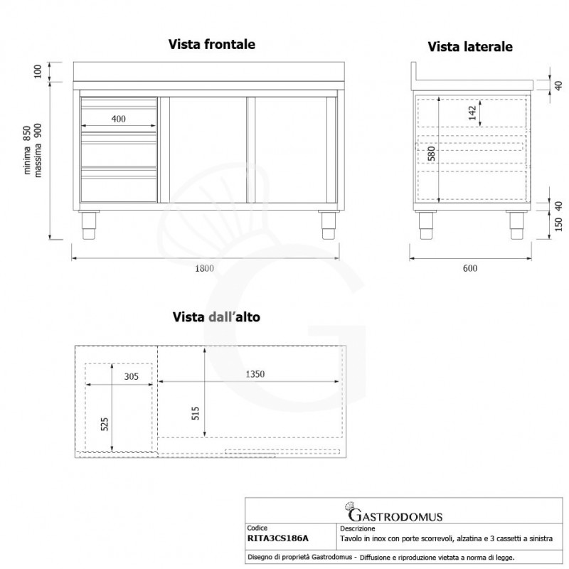 Tavolo armadiato,2 porte scorrevoli,3 cassetti a sinistra, alzatina, L1800 x P600 x H950mm
