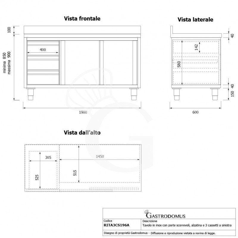 Tavolo armadiato,2 porte scorrevoli,3 cassetti a sinistra, alzatina, L1900 x P600 x H950mm